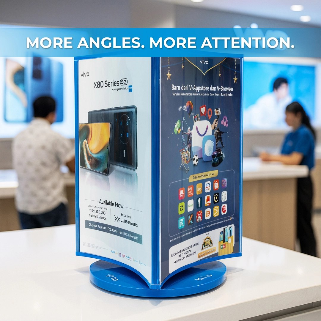 Vivo custom three-sided 360 degree acrylic retail display stand