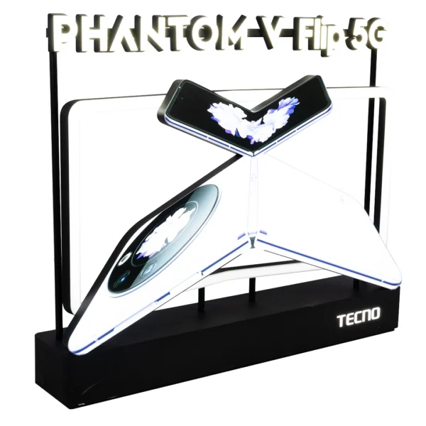 Tecno LED acrylic product display light box with illuminated smartphone promotional graphics for retail stores