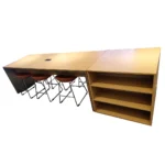 retail experience table with seating and storage shelves system
