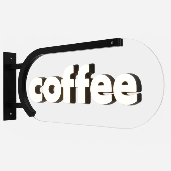 Outdoor LED coffee shop sign with acrylic panel and metal mounting bracket