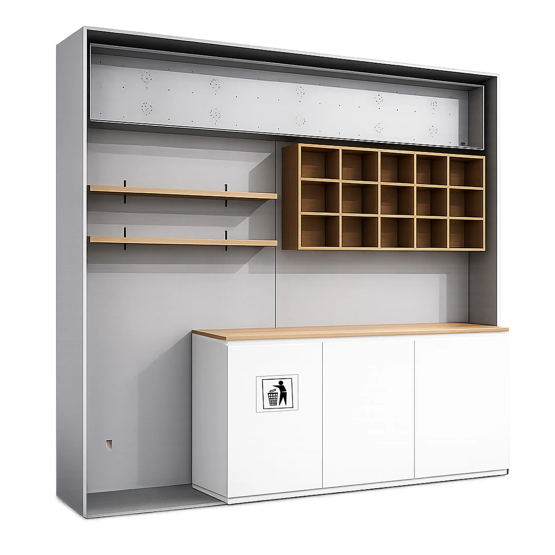 office-pantry-cabinet-display-shelves modern office pantry cabinet with display shelves and storage system