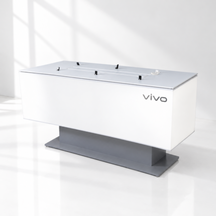 Vivo LED retail display desk with illuminated front panel on white background