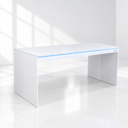 Vivo LED retail display table with illuminated front panel on white background