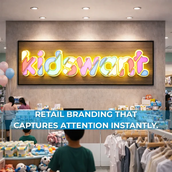 Kidswant illuminated 3D LED acrylic letters installed in retail store interior