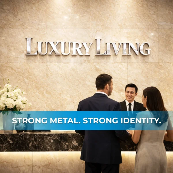 Premium stainless steel metal character signage installed in retail storefront