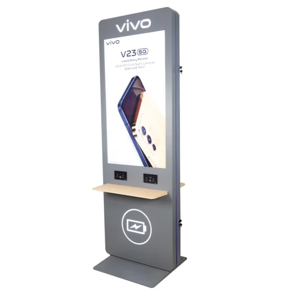 Vivo advertising display with charging station on white background