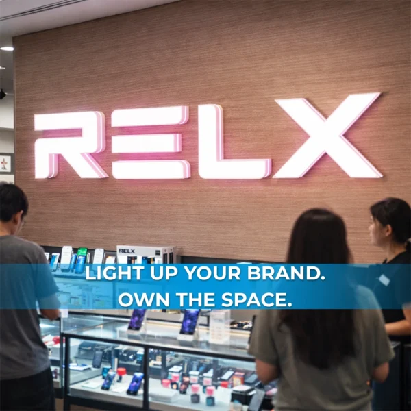 vape retail LED channel letter signage installed on vape shop wall