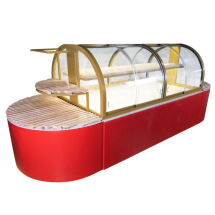 momoyo bakery display counter with curved glass pastry showcase and marble finish