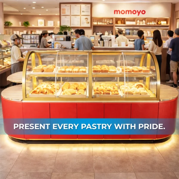 momoyo bakery display counter installed inside modern cafe and bakery store