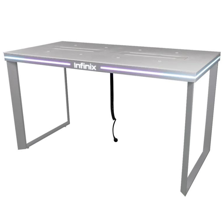 Infinix LED smartphone display table with illuminated retail lighting