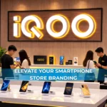 iQOO LED channel letter signage installed in modern smartphone retail store interior