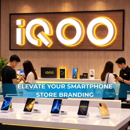iQOO LED channel letter signage installed in modern smartphone retail store interior