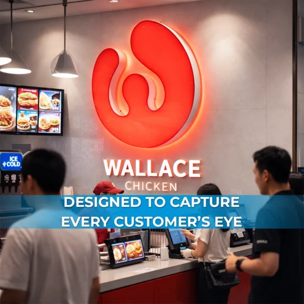 LED light box signage installed in Wallace Chicken retail store interior