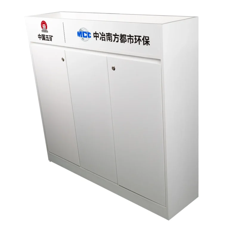 3 door cabinet with planter box white background modern office storage