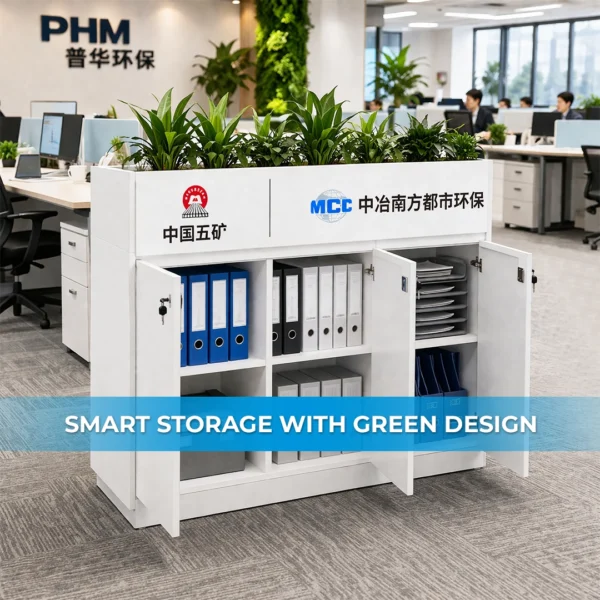 3 door cabinet with planter box in modern office environment with plants