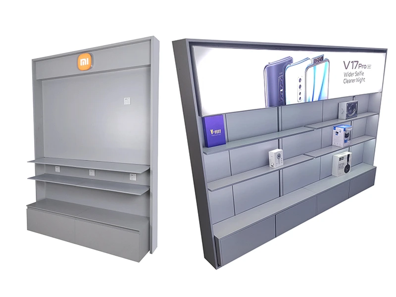 Modern electronics display case with clean and professional retail design