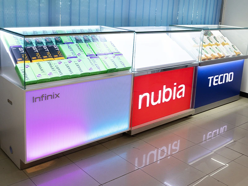 Modern smartphone display case with LED lighting for retail stores