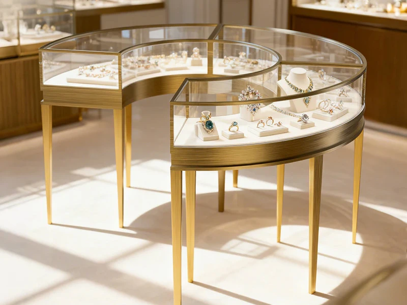 Premium jewelry display case with glass and lighting to highlight gold and accessories