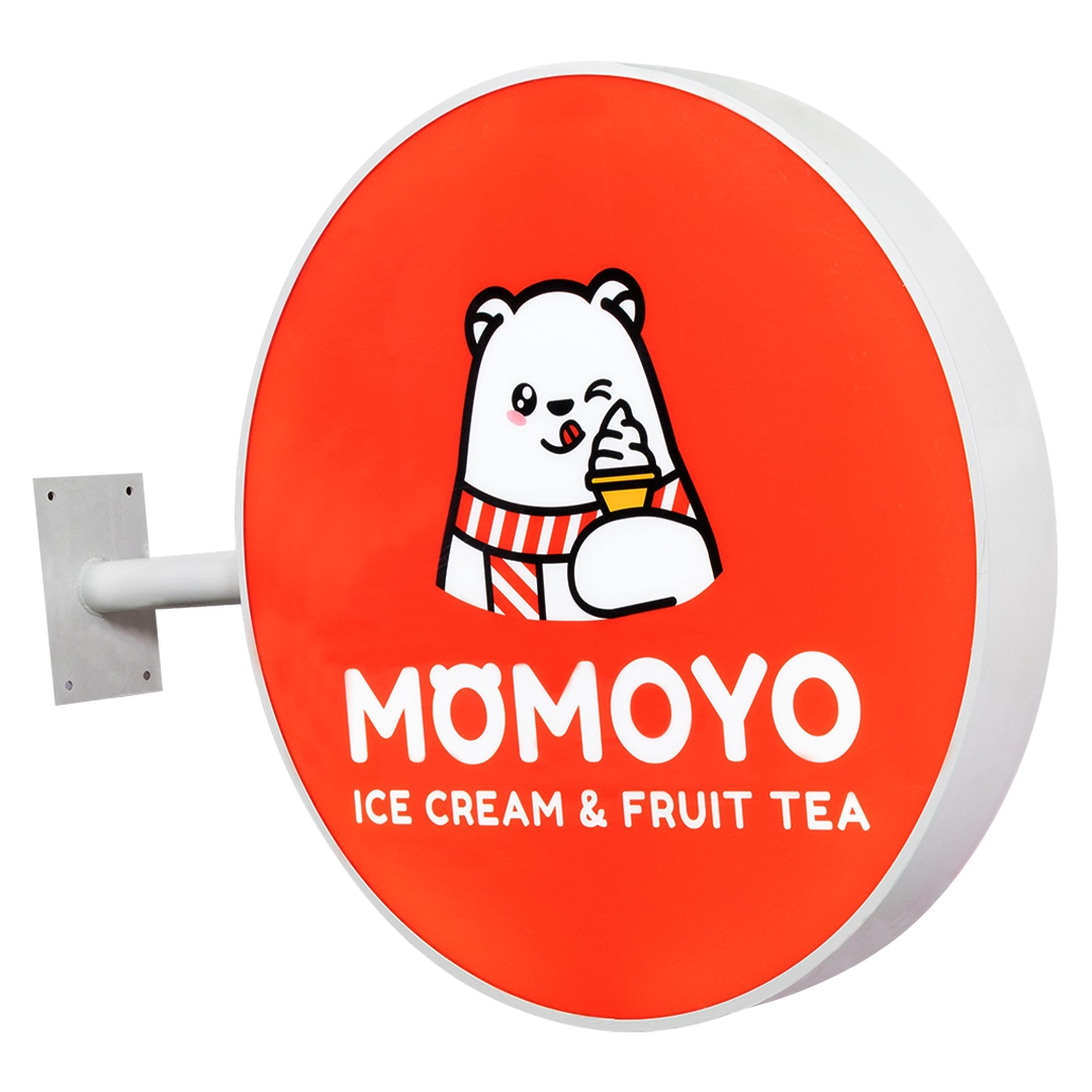 Neon box bulat gantung custom untuk branding café dan toko