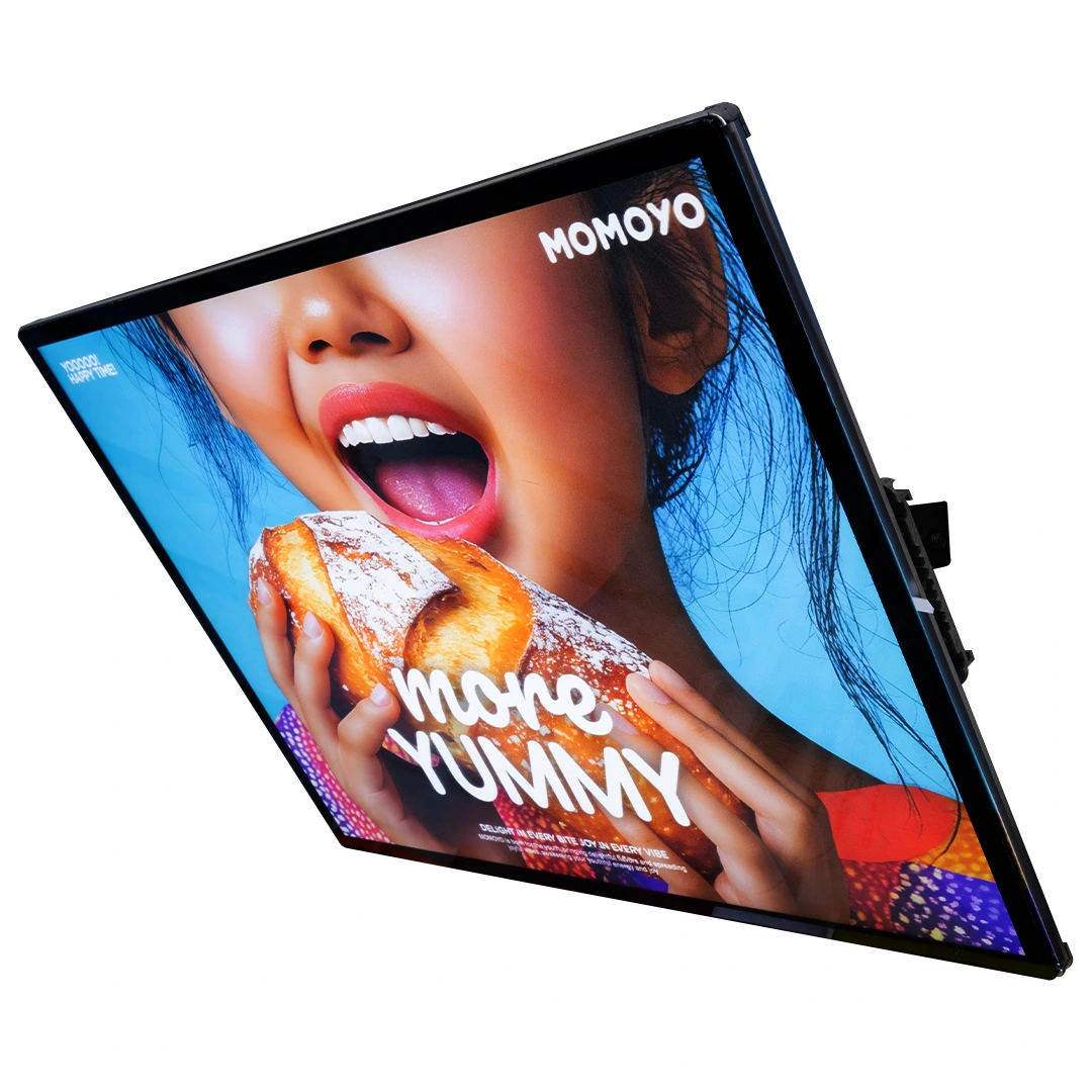 Neon box display custom dengan posisi miring untuk promosi produk & menu retail interaktif