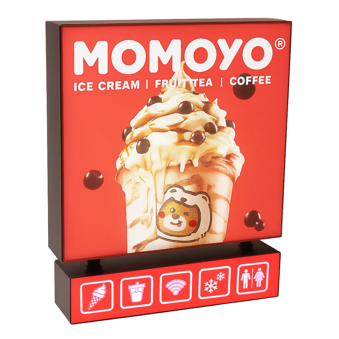 Neon box kotak custom dengan LED backlit untuk branding retail food and beverage