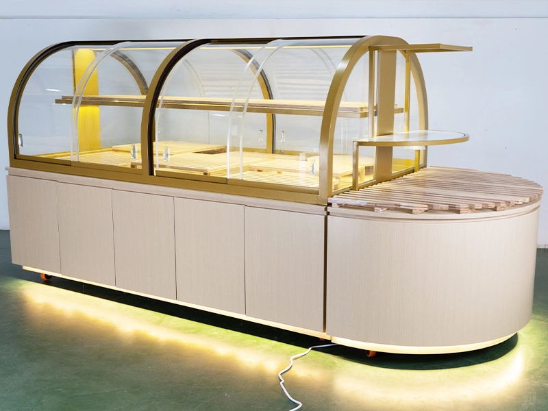 Wooden display case for bakery bread display with a warm and aesthetic design