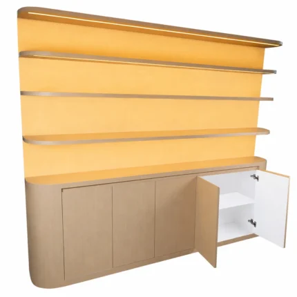 Omoway custom plywood wall display cabinet with integrated LED shelving and storage cabinet.