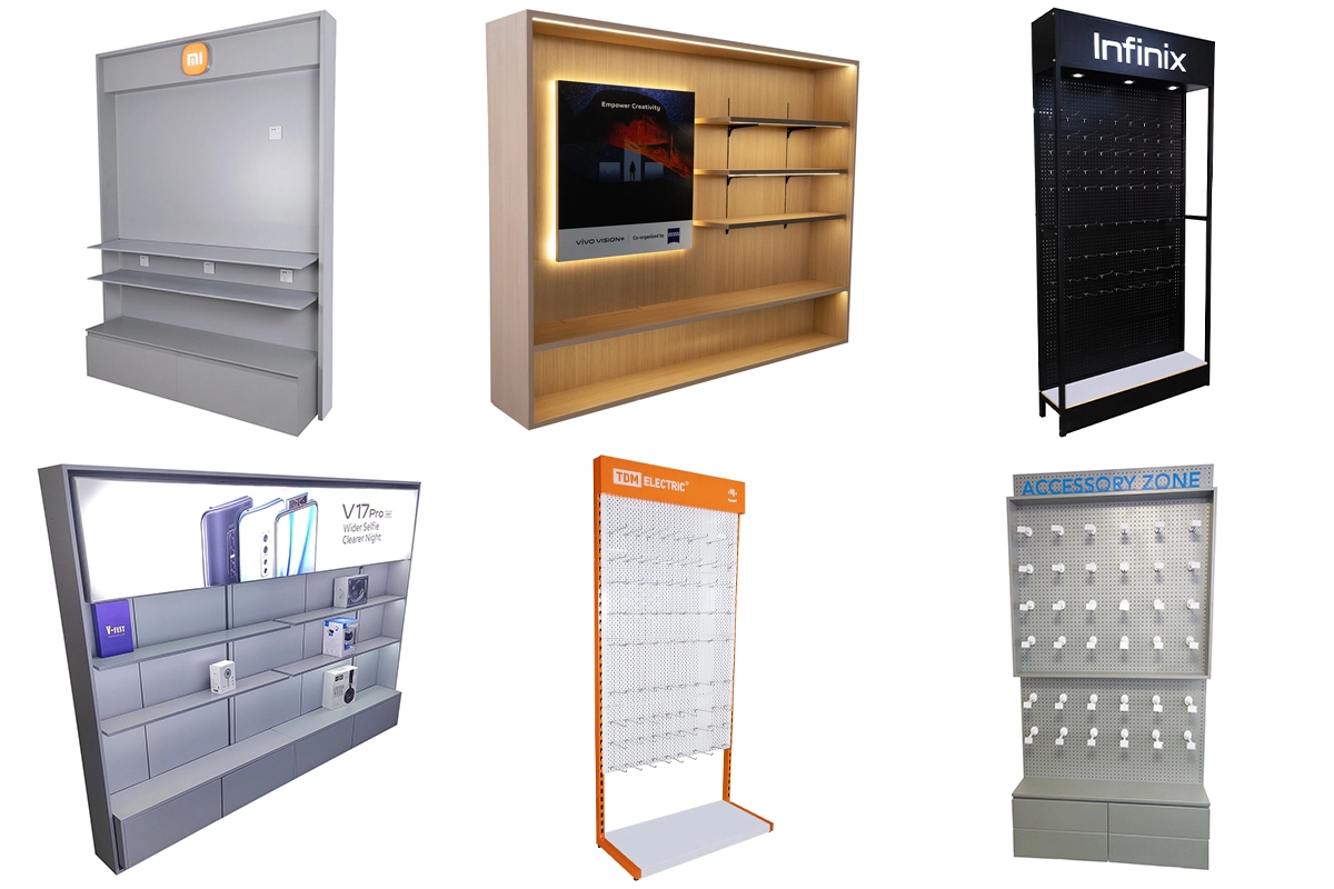 Electronic wall display showcasing accessories and retail products in an organized layout