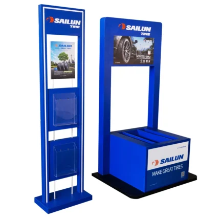 Sailun Tire Display Stand with brochure holders and branded header for automotive retail stores.