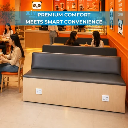 XiYaYa Cafe Bench Seating with Charging Station installed inside a modern beverage café, providing comfortable customer seating with integrated charging outlets.