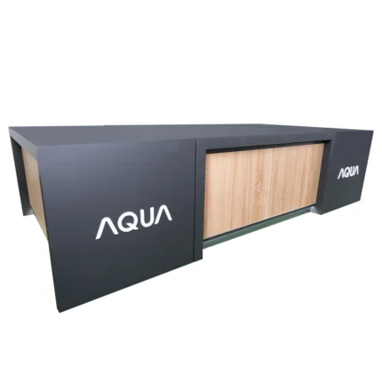 AQUA Custom Modular Display Platform with integrated storage cabinets and premium TACO HPL finish