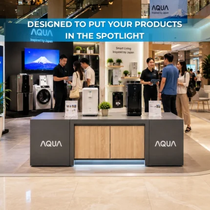 AQUA Custom Modular Display Platform installed in a professional exhibition booth showcasing home appliances.