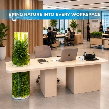 Omoway Custom Modern Office Table with Integrated Acrylic Planter installed in a contemporary office interior.