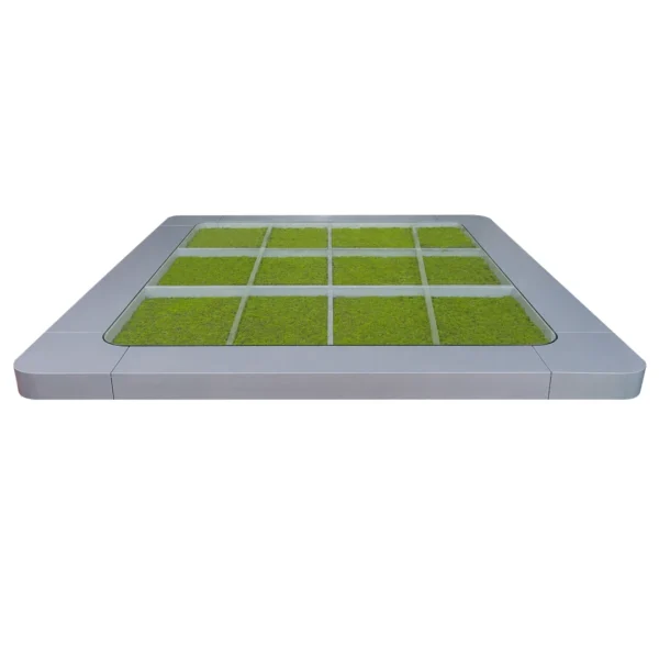 Custom Omoway Electric Motorcycle Display Platform Showcase for showrooms and retail spaces, featuring a gray frame and segmented green display grid by PT Run Hui Indonesia