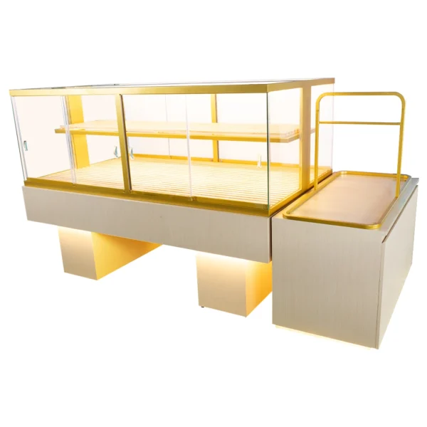Custom Glass Display Showcase with Wooden Bakery Table XiYaYa Brand manufactured by PT Run Hui Indonesia for retail bakeries