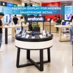 Pabrik vendor produsen produksi buat Meja Display Counter Retail HP Smartphone Bulat Custom Brand Erafone Ceres Display Art Indonesia