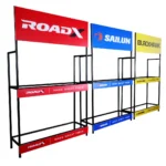 Vendor pabrik produksi pembuatan POS Rak Display Ban Mobil Besi dengan Papan Nama Custom Brand buatan Ceres Display Art Indonesia