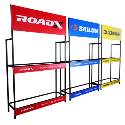 Vendor pabrik produksi pembuatan POS Rak Display Ban Mobil Besi dengan Papan Nama Custom Brand buatan Ceres Display Art Indonesia