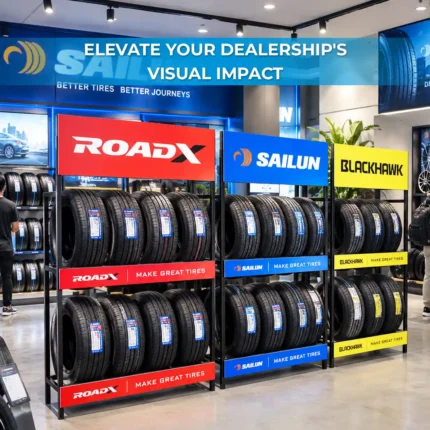 Produsen pembuat dan jual POS Rak Display Ban Mobil Besi dengan Papan Nama Custom Brand Ceres Display Art Indonesia