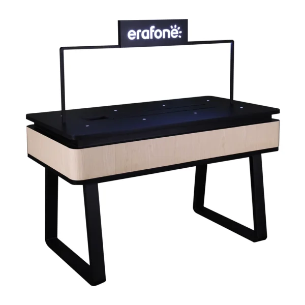 Erafone Brand Custom Electronics Display Showcase Demo Experience Table Rectangular Wooden Metal Acrylic LED Light Boxproduction factory Ceres Display Art Indonesia