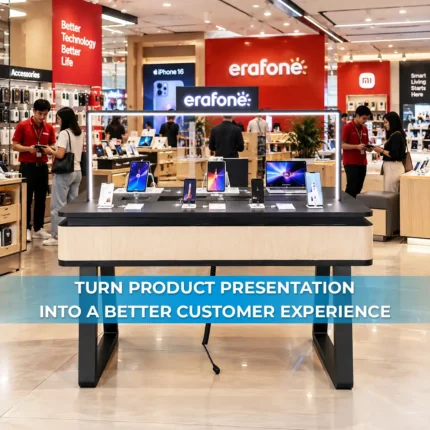 Product Brand Custom Electronics Display Showcase Demo Experience Table Rectangular for Erafone Store production Ceres Display Art Indonesia Factory
