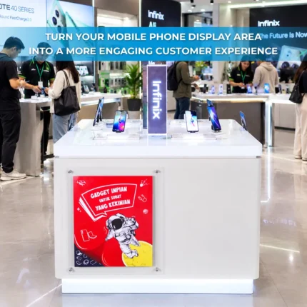 Infinix Brand Custom Mobile Phone Gadget Demo Square Experience Table Showcase Display with Metal, Acrylic, and LED Light Box